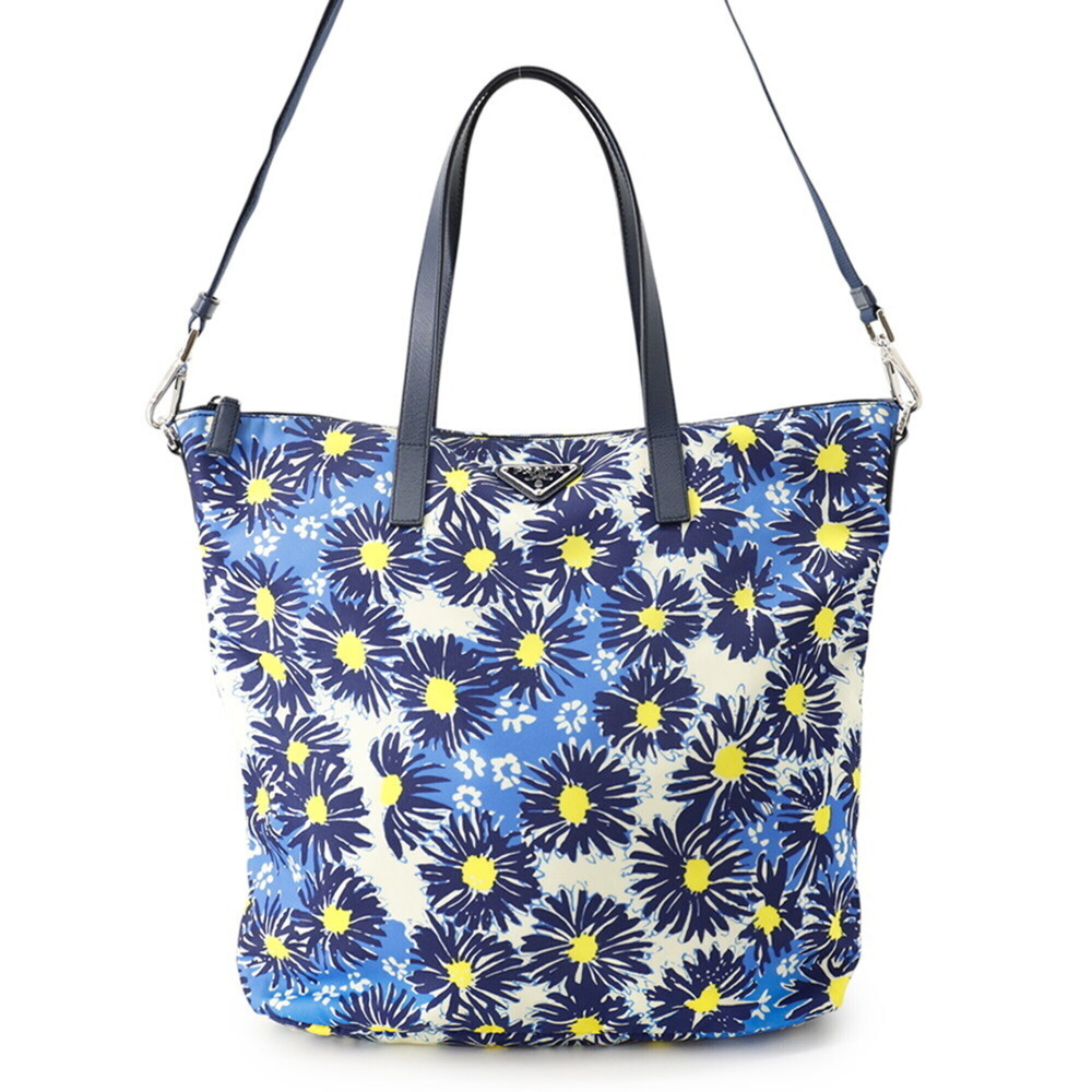 Prada Tote Bag, Flower Print, Triangle Design, Nylon & Leather, B24390, PRADA...